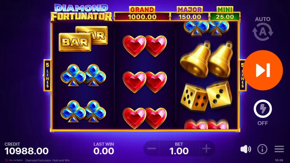 Diamond Fortunator base game 3x3 grid with 777, BAR, bells and card suit gem symbols