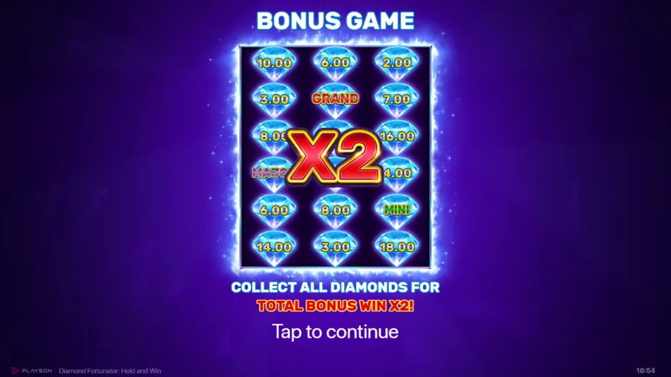 Completed bonus field with all 18 diamond values filled and the x2 total win multiplier active