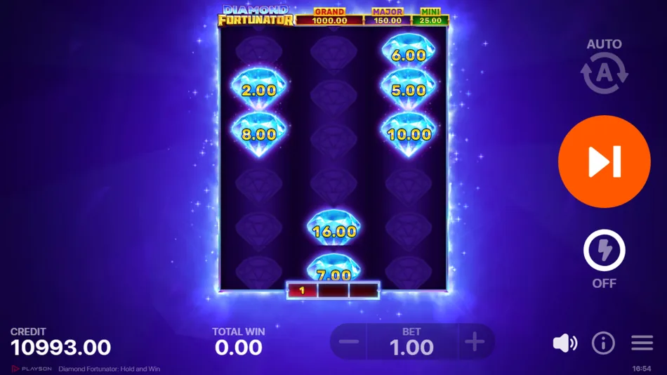 Mini, Major and Grand jackpot symbols shown in the Diamond Fortunator bonus field